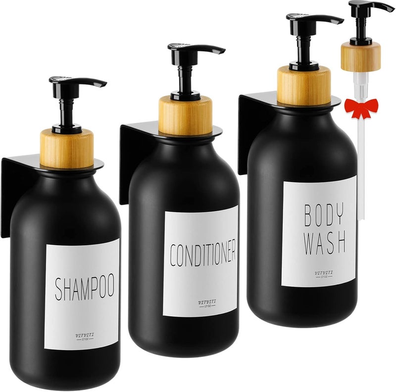 VITVITI Shampoo and Conditioner Dispenser, Body Wash Shower Soap Dispenser Wall Mounted 3 Chamber, Drill Free 17oz Plastic Shower Bottles for Bathroom, Black 3 Sets - Image 1